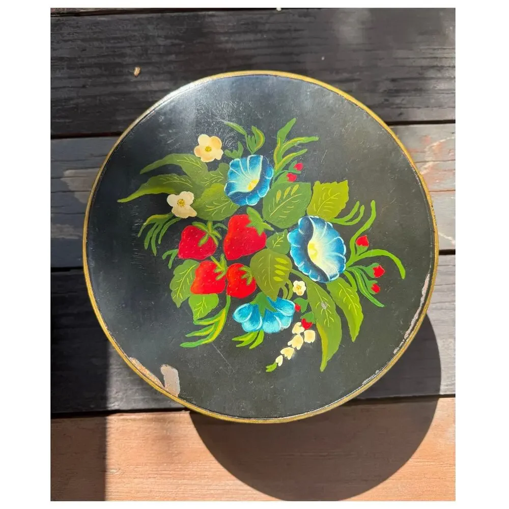 Vintage Hand Painted Floral Wooden Box Strawberries Toleware Folk Art Round 9.5
